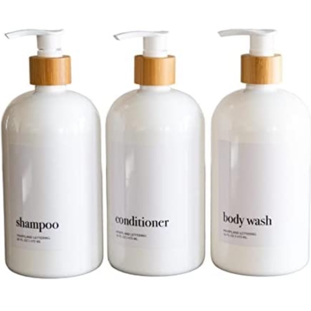 Dispensers shampoo conditioner body wash new bamboo white Airbnb designer bottle - Picture 3 of 4